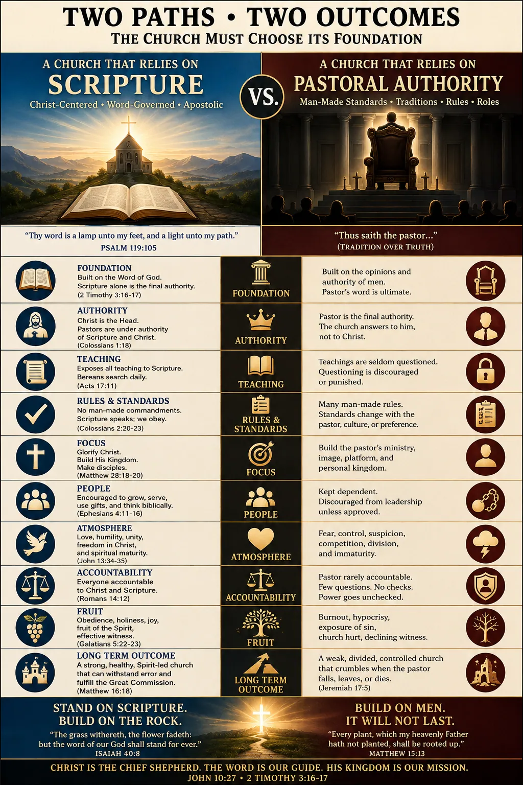Two Paths, Two Outcomes comparison: a church relying on Scripture versus pastoral authority