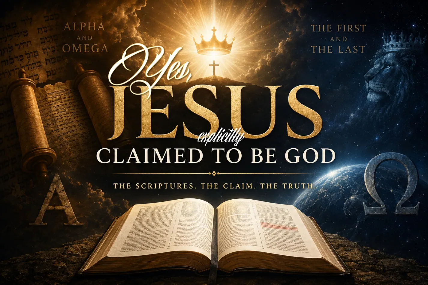 Jesus Claimed to Be God article cover with an open Bible, Alpha and Omega symbolism, a crown, cross, and Revelation imagery