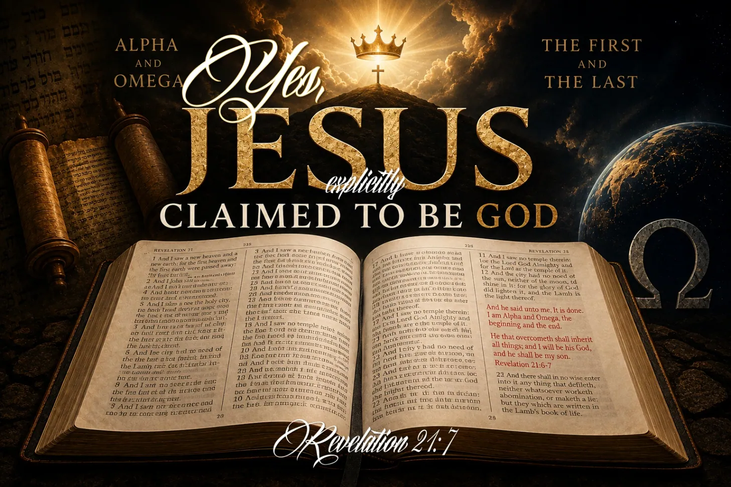 Open Bible highlighting Revelation 21 verses 6 and 7 beneath Alpha and Omega and First and Last symbolism