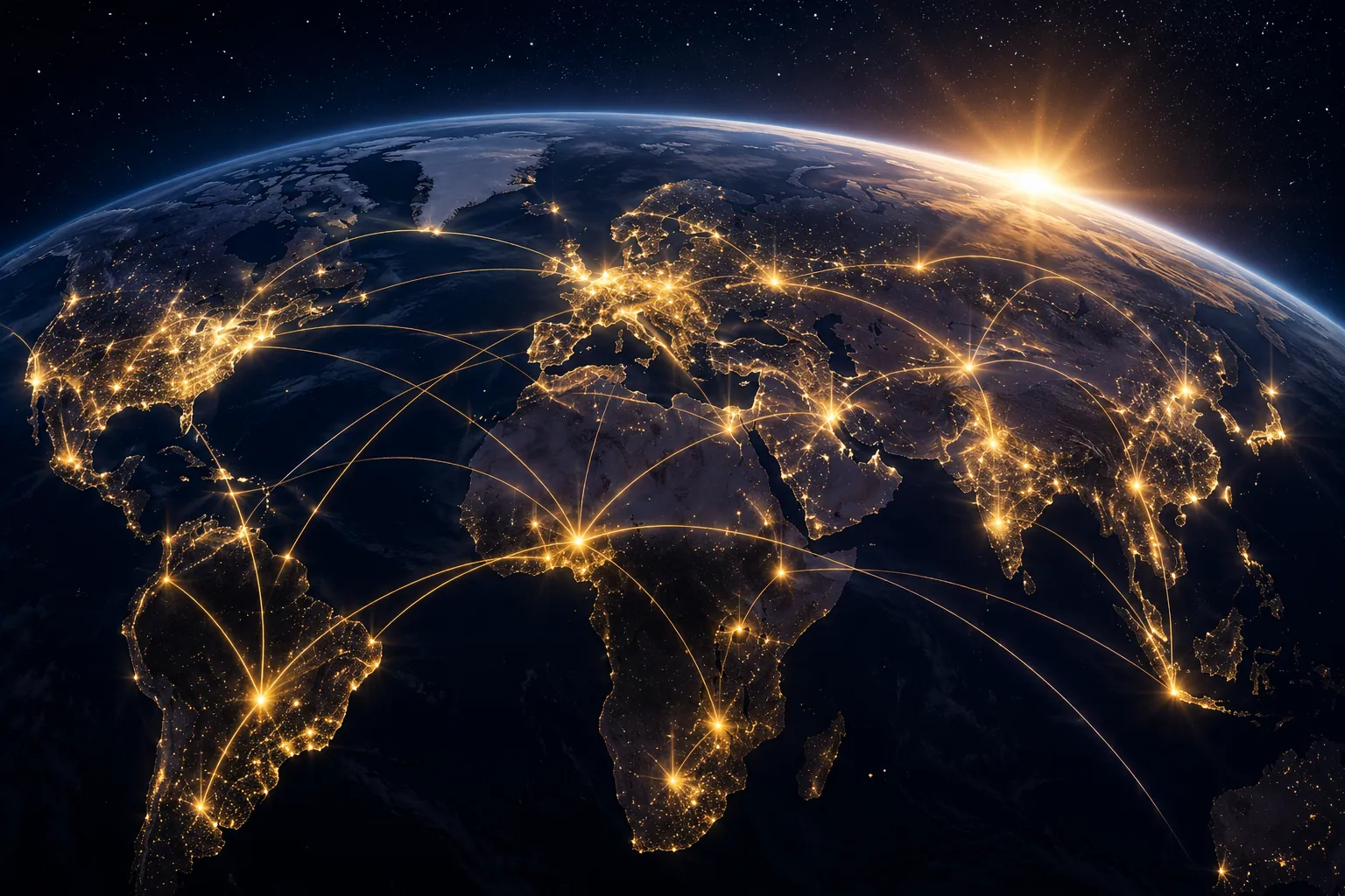 Earth at night with glowing connections symbolizing gospel communication across the nations.